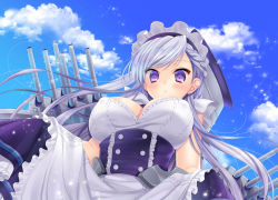Rule 34 | 1girl, azur lane, belfast (azur lane), braid, breasts, cleavage, commentary, corset, from below, large breasts, long hair, looking at viewer, looking down, machinery, maid, maid headdress, parted lips, purple eyes, silver hair, solo, turret, zest (lossol)