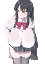 Rule 34 | 1girl, akitokage, bag, black bag, black hair, black skirt, black thighhighs, blouse, blush, bow, bowtie, breasts, bright pupils, bursting breasts, button gap, cleavage, collared shirt, cowboy shot, hand up, highres, holding, holding strap, holding towel, huge breasts, long hair, original, parted lips, pink lips, plaid, plaid bow, plaid bowtie, plaid skirt, pleated skirt, red bow, red bowtie, school bag, see-through, see-through shirt, shirt, short sleeves, sidelocks, simple background, skirt, solo, standing, straight hair, sweatdrop, teeth, thighhighs, towel, very long hair, wet, wet clothes, wet shirt, white background, white shirt, wince, yellow eyes, zettai ryouiki