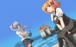 Rule 34 | 00s, 2girls, between legs, black dress, black legwear, black skirt, blue sky, building, castle, cat, day, dress, dutch angle, fuyou kaede, hairband, hand between legs, holding, light purple hair, long hair, looking at viewer, masakami, multiple girls, orange hair, outdoors, pleated skirt, primula, red ribbon, ribbon, short dress, short hair, shuffle!, skirt, sky, thighhighs, twintails, v arms, water, wind