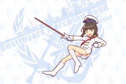 Rule 34 | 10s, 1girl, :d, black hair, boots, cane, epaulettes, fubuki (kancolle), full body, gloves, hat, kantai collection, knee boots, low ponytail, military, military uniform, nakaaki masashi, open mouth, outstretched arm, panties, pantyshot, peaked cap, pleated skirt, short ponytail, simple background, skirt, smile, solo, staff, underwear, uniform, wand, white footwear, white gloves, white skirt