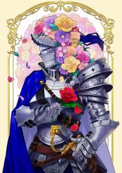 Rule 34 | 1other, ambiguous gender, armor, blue cape, cape, commentary request, flower, flower on head, full armor, gauntlets, helm, helmet, highres, holding, holding flower, knight, looking away, namazu (dc 27546), original, petals, rose, sheath, sheathed, sword, upper body, weapon