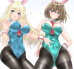 Rule 34 | 2girls, absurdres, adapted costume, alternate costume, animal ears, atago (kancolle), between breasts, black legwear, blonde hair, blue eyes, blue leotard, blush, bow, bowtie, breasts, brown hair, commentary request, covered navel, detached collar, fake animal ears, from below, gradient background, green eyes, green leotard, grey background, hair between eyes, hair ornament, hairclip, hands on own hips, highres, kantai collection, large breasts, leotard, long hair, looking at viewer, looking down, maya (kancolle), multiple girls, necktie, nitamako (sakamalh), pantyhose, playboy bunny, rabbit ears, red neckwear, short hair, smile, strapless, strapless leotard, thighband pantyhose, wrist cuffs, x hair ornament