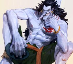 Rule 34 | 1boy, abs, absurdres, arlong, bara, black hair, blue skin, chain, chest tattoo, colored skin, earrings, fedora, feet out of frame, fins, fish boy, grin, hat, highres, hoop earrings, jewelry, large hands, large pectorals, long hair, long nose, looking at viewer, muscular, muscular male, nipples, one piece, pectorals, rollo (kuyuen1), sanpaku, sharp teeth, sitting, smile, solo, spread legs, tattoo, teeth, topless male, webbed hands