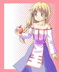 Rule 34 | 1girl, apple, arc the lad, arc the lad ii, bare shoulders, blonde hair, blush, braid, breasts, brown eyes, closed mouth, collarbone, commentary request, dress, food, fruit, lieza (arc the lad), long hair, looking at viewer, low-braided long hair, low-tied long hair, medium breasts, oigen (artist), single braid, smile, solo