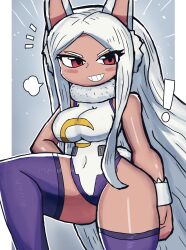 Rule 34 | !, 1girl, absurdres, animal ears, bare shoulders, boku no hero academia, breasts, covered navel, curvy, dark-skinned female, dark skin, eyelashes, female focus, fluffy collar, grin, highres, large breasts, leotard, long hair, looking at viewer, mirko, navel, purple thighhighs, rabbit ears, rabbit tail, red eyes, shiny skin, sidelocks, smile, solo, tail, taut leotard, teeth, thick thighs, thighhighs, thighs, tony welt, white hair, white leotard, wide hips