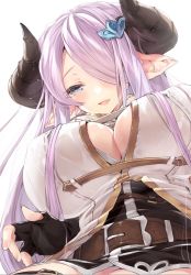 Rule 34 | 1girl, 218, black gloves, blue eyes, blush, breasts, cleavage cutout, clothing cutout, commentary request, curled horns, draph, fingerless gloves, from below, gloves, granblue fantasy, hair ornament, hair over one eye, horns, large breasts, light purple hair, long hair, narmaya (granblue fantasy), pointy ears, simple background, smile, solo, white background