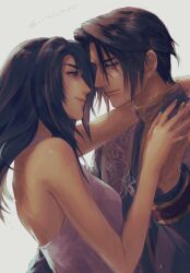 Rule 34 | 1boy, 1girl, arm around neck, arm around waist, bare arms, bare shoulders, black hair, blue eyes, brown eyes, brown hair, closed mouth, couple, dancing, dress, earrings, final fantasy, final fantasy viii, gold trim, halter dress, halterneck, hetero, highres, holding hands, jacket, jewelry, long hair, long sleeves, looking at another, military jacket, military uniform, multicolored hair, noie (neunteedelstein), official alternate costume, parted bangs, rinoa heartilly, scar, scar on face, scar on forehead, seed uniform (ff8), short hair, single earring, smile, squall leonhart, streaked hair, twitter username, uniform, upper body, white dress