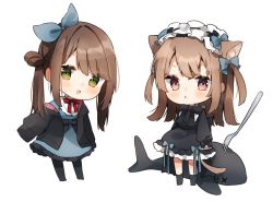 Rule 34 | 2girls, animal ear fluff, animal ears, black bow, black dress, black jacket, black legwear, blue bow, blue dress, blush, bow, brown hair, cat ears, cat girl, cat tail, chibi, dress, fork, gothic lolita, green eyes, hair bow, heripiro, jacket, lolita fashion, long hair, long sleeves, multiple girls, no shoes, off shoulder, open clothes, open jacket, original, pantyhose, puffy long sleeves, puffy sleeves, red eyes, simple background, sleeves past fingers, sleeves past wrists, socks, tail, twintails, two side up, very long hair, white background, x x