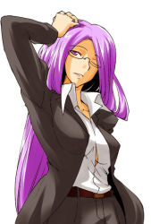 Rule 34 | 00s, 1girl, casual, fate/stay night, fate (series), formal, fue (rhomphair), glasses, long hair, lowres, medusa (fate), medusa (rider) (fate), one eye closed, pant suit, pants, purple eyes, purple hair, solo, suit, type-moon, very long hair, wink