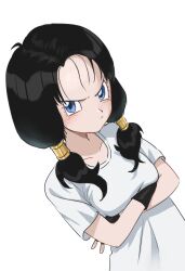 Rule 34 | 1girl, black hair, blue eyes, breasts, closed mouth, dragon ball, dragonball z, fingerless gloves, gloves, highres, landl, long hair, looking at viewer, shirt, simple background, solo, twintails, videl, white background, white shirt