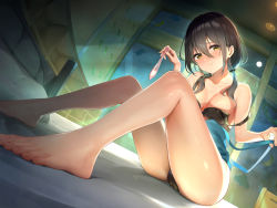 Rule 34 | 1girl, absurdres, beads, bed, black bra, black hair, black panties, blush, bra, breasts, collarbone, commentary request, condom, dutch angle, foot focus, foreshortening, hair beads, hair between eyes, hair ornament, highres, holding, holding condom, indoors, looking at viewer, low twintails, maeshimashi, medium breasts, medium hair, off shoulder, on bed, original, panties, smile, solo, thighs, twintails, underwear, used condom, yellow eyes