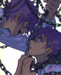 Rule 34 | 2boys, artist name, chain, chained, commentary request, dark-skinned male, dark skin, dual persona, earrings, ensemble stars!, evil smile, eye contact, hair between eyes, hands up, highres, jewelry, long sleeves, looking at another, male focus, multiple boys, open mouth, otogari adonis, parted bangs, profile, purple hair, shirt, short hair, sidelocks, simple background, sleepwildbear, smile, sweatdrop, teeth, twitter username, upper body, upper teeth only, v-shaped eyebrows, white background, white shirt, wide-eyed, yellow eyes