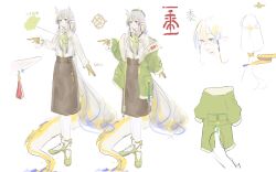 Rule 34 | 1girl, absurdres, alternate costume, arknights, beads, bespectacled, blonde hair, brown skirt, character name, chinese text, closed mouth, dragon girl, dragon horns, dragon tail, expressionless, full body, glasses, green footwear, green jacket, grey hair, highres, horns, jacket, long hair, long sleeves, multicolored hair, multiple views, off shoulder, open clothes, open jacket, pantyhose, purple hair, qingtuantuantuantuan05846, shoes, shu (arknights), simple background, sketch, skirt, standing, tail, translation request, unfinished, very long hair, white background, white pantyhose