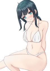 Rule 34 | 1girl, absurdres, ahoge, amano nene (vtuber), angel, arms behind back, bikini, blue eyes, blue hair, blush, breasts, fekahaj, heart, heart-shaped pupils, highres, large breasts, looking at viewer, low twintails, production kawaii, sitting, smile, solo, swimsuit, symbol-shaped pupils, twintails, virtual youtuber, white background, white bikini