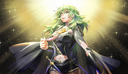 Rule 34 | 1girl, :d, armor, belt, black armor, black background, black belt, black coat, black shirt, black shorts, breasts, brown pantyhose, byleth (female) (fire emblem), byleth (fire emblem), clothing cutout, coat, commentary request, cowboy shot, dagger, enlightened byleth (female), fire emblem, fire emblem: three houses, green eyes, green hair, hair between eyes, highres, knife, large breasts, light particles, light rays, looking up, medium hair, navel, navel cutout, nintendo, open mouth, pantyhose, pantyhose under shorts, partial commentary, patterned clothing, print pantyhose, sheath, sheathed, shinonome riko, shirt, short shorts, shorts, sidelocks, smile, solo, sparkle, standing, tassel, twitter username, vambraces, weapon