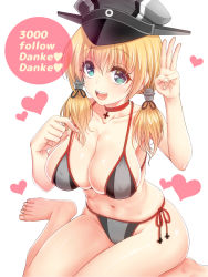 Rule 34 | 10s, 1girl, :d, adapted costume, barefoot, bikini, black bikini, breasts, choker, collarbone, covered erect nipples, cross, english text, german text, green eyes, groin, hat, heart, highres, iron cross, kantai collection, large breasts, low twintails, milestone celebration, navel, open mouth, peaked cap, prinz eugen (kancolle), side-tie bikini bottom, sitting, smile, solo, strap pull, swimsuit, translated, twintails, wariza, white background, youshuu