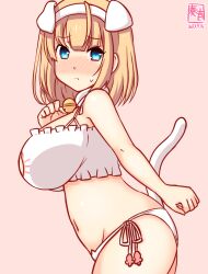 Rule 34 | 1girl, ahoge, animal ears, artist logo, bell, blonde hair, blue eyes, bra, breasts, cat cutout, cat ear panties, cat ears, cat lingerie, cat tail, cleavage cutout, clothing cutout, cowboy shot, dated, frilled bra, frills, jingle bell, kanon (kurogane knights), kantai collection, large breasts, looking at viewer, meme attire, neck bell, one-hour drawing challenge, panties, pink background, rodney (kancolle), short hair, side-tie panties, simple background, solo, tail, underwear, underwear only, white bra, white panties