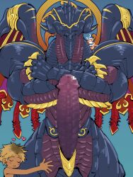 Rule 34 | 2boys, artist name, bahamut (final fantasy), bara, blue background, blush, censored, claws, closed eyes, commentary request, commission, crossed arms, dragon boy, dragon wings, erection, final fantasy, final fantasy x, heart, highres, hug, hugging another&#039;s leg, male focus, mosaic censoring, multiple boys, penis, shirako (kirupi), skeb commission, smile, tidus, topless male, wings