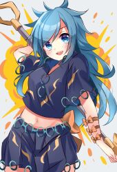 Rule 34 | 1girl, arm strap, blue eyes, blue hair, bow, breasts, collared shirt, commentary request, cowboy shot, explosion, gold, grey shirt, highres, himemushi momoyo, holding, holding shovel, jewelry, long hair, meimei (meimei89008309), messy, messy hair, midriff, multiple rings, navel, one-hour drawing challenge, open mouth, orange bow, orange ribbon, patterned clothing, pleated skirt, ribbon, ring, shirt, short sleeves, shovel, skirt, skirt set, small breasts, solo, teeth, touhou, upper teeth only, very long hair