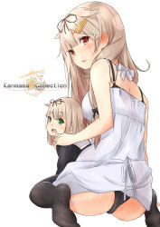 Rule 34 | 10s, 2girls, absurdres, ass, bare shoulders, black legwear, black panties, blonde hair, blush, dress, green eyes, hair ribbon, highres, if they mated, jewelry, kantai collection, looking back, mother and daughter, multiple girls, open mouth, panties, red eyes, remodel (kantai collection), ribbon, ring, saku (kudrove), school uniform, serafuku, sitting, thighhighs, underwear, wariza, wedding band, white dress, aged down, yuudachi (kancolle)