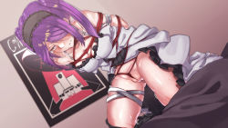 Rule 34 | 1girl, absurdres, arms behind back, bare shoulders, bdsm, between breasts, bondage, bound, bra strap, breasts, clenched teeth, crotch rope, dutch angle, euryale (fate), fate/grand order, fate (series), frills, frontal wedgie, gluteal fold, hair over one eye, hairband, half-closed eyes, hanazawa suou, highres, indoors, kneeling, leaning forward, poster (medium), poster (object), pubic stubble, purple hair, pussy, red rope, rope, shibari, solo, sweat, teeth, thigh strap, twintails, wedgie, yellow eyes