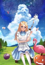 Rule 34 | 1girl, absurdres, alice anotherbible, animal ears, apron, bird, blonde hair, blue dress, blue eyes, blush, card, cat ears, chair, cloud, coffee, cup, dress, flamingo, grass, hedgehog, highres, playing card, pumpkin, relpama, sky, solo, tagme, thighhighs, toaru majutsu no index
