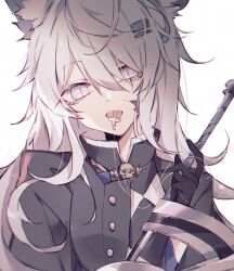 Rule 34 | 1girl, animal ears, arknights, black gloves, black jacket, buttons, collared jacket, cross, fang, gloves, grey eyes, hair between eyes, hair ornament, hairclip, head tilt, holding, holding sword, holding weapon, jacket, lappland (arknights), lappland (refined horrormare) (arknights), long hair, long sleeves, looking at viewer, messy hair, mouth hold, open mouth, sen (5710265), sidelocks, simple background, slit pupils, solo, straight-on, sword, upper body, weapon, white background, white hair, wolf ears, wolf girl