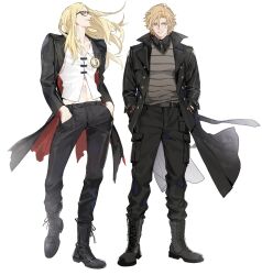 Rule 34 | 2boys, belt, black coat, black footwear, black pants, blonde hair, boots, cigarette, coat, daybit sem void, fate/grand order, fate (series), full body, hand in pocket, hands in pockets, highres, jacket, jewelry, juer1004, long hair, long sleeves, male focus, midriff, multiple boys, navel, necktie, open clothes, open coat, open jacket, pants, purple eyes, simple background, smile, standing, sunglasses, tezcatlipoca (fate), tinted eyewear, white background