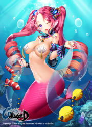Rule 34 | 1girl, ;d, aile (crossroads), blush, bubble, character request, detached sleeves, fins, fish, hand fan, head fins, long hair, looking at viewer, mermaid, monster girl, navel, one eye closed, open mouth, pink hair, purple eyes, shell, shell bikini, smile, solo, twintails, underwater, unleashed, wink