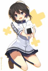 Rule 34 | 10s, 1girl, :d, black hair, blue socks, food, full body, hair between eyes, hayasui (kancolle), jacket, kantai collection, kneehighs, loafers, looking at viewer, mishima kurone, onigiri, open mouth, pleated skirt, shoes, short hair, simple background, skirt, smile, socks, solo, track jacket, turtleneck