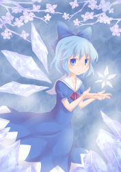 Rule 34 | 1girl, adapted costume, blue dress, blue eyes, blue hair, bow, cherry blossoms, cirno, dress, futaki nia, hair bow, ice, matching hair/eyes, open hands, sailor dress, snowflakes, solo, sooki, staring, touhou, wings