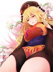 Rule 34 | 1girl, arano oki, arm up, belt, blonde hair, blue belt, breasts, brown dress, brown hat, brown sleeves, commentary request, crescent, dress, floral background, flower, hair between eyes, hand up, hat, highres, junko (touhou), large breasts, leaf, legs, lily (flower), long hair, long sleeves, looking down, open mouth, pom pom (clothes), red eyes, red vest, sitting, smile, solo, touhou, vest, white background