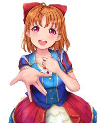 Rule 34 | 1girl, absurdres, artist name, artist request, blue dress, blush, bow, braid, breasts, collarbone, crown braid, dress, female focus, frilled dress, frills, hair bow, hand on own chest, heart, heart print, highres, looking at viewer, love live!, love live! school idol festival, love live! sunshine!!, one more sunshine story, orange hair, parted lips, puffy short sleeves, puffy sleeves, reaching, reaching towards viewer, red bow, red eyes, red skirt, short hair, short sleeves, shuzuta, skirt, small breasts, smile, solo, takami chika, white background