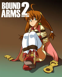 Rule 34 | 1girl, ahoge, arms behind back, bdsm, blush, bondage, bound, bound arms, bound legs, breast bondage, brown hair, cape, daikinbakuju, dress, full body, green eyes, hair ornament, hairband, lilka eleniak, long hair, looking at viewer, low-tied long hair, retro artstyle, rope, shibari, shibari over clothes, simple background, skirt, solo, thighhighs, twintails, white thighhighs, wild arms, wild arms 2, yellow hairband