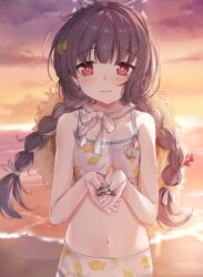 Rule 34 | 1girl, absurdres, ahoge, aka (440626), bare arms, bare shoulders, beach, bikini, black hair, blue archive, blush, breasts, closed mouth, collarbone, commentary request, grey halo, halo, highres, leaf print, long hair, looking at viewer, miyu (blue archive), miyu (swimsuit) (blue archive), navel, ocean, official alternate costume, outdoors, pebble, print bikini, red eyes, small breasts, smile, solo, swimsuit, twintails, white bikini
