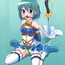 Rule 34 | 1girl, ball gag, bdsm, blade, blue eyes, blue footwear, blue hair, blue skirt, bondage, boots, bound, cape, clothes lift, collarbone, crotch rope, detached sleeves, fortissimo, frogtie, gag, gloves, green panties, hair ornament, highres, indoors, looking at viewer, mahou shoujo madoka magica, miki sayaka, mukanata, musical note, musical note hair ornament, panties, short hair, sitting, skirt, skirt lift, solo, sword, thighhighs, underwear, wariza, weapon, wiffle gag