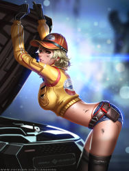 Rule 34 | 1girl, ass, belt, bent over, black gloves, black thighhighs, blonde hair, car, cidney aurum, clothes writing, cropped jacket, denim, denim shorts, final fantasy, final fantasy xv, gloves, hat, leaning forward, lens flare, liang xing, looking at viewer, motor vehicle, short shorts, shorts, smile, solo, square enix, thighhighs, thong, utility belt