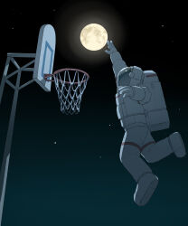 Rule 34 | 1other, absurdres, arm up, avogado6, basketball hoop, black sky, blue sky, boots, commentary, english commentary, full moon, hand up, helmet, highres, jumping, leg up, moon, moonlight, night, night sky, original, outdoors, sky, space helmet, spacesuit, star (sky), starry sky, white footwear