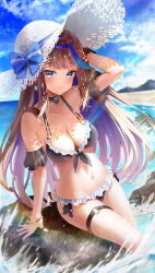 Rule 34 | 1girl, 29hyeon, absurdres, airi kanna, arm belt, arm support, arm up, bikini, black choker, blue eyes, blue hair, blue sky, blush, bow, bracelet, breasts, brown hair, choker, cleavage, cloud, collarbone, commentary, day, eyelashes, frilled bikini, frills, front-tie bikini top, front-tie top, hat, hat bow, highres, jewelry, large breasts, long hair, looking at viewer, multicolored hair, o-ring, o-ring thigh strap, ocean, outdoors, shoulder tattoo, sky, smile, solo, stellive, sun hat, sunlight, swimsuit, tattoo, thigh strap, virtual youtuber, wading, white hat