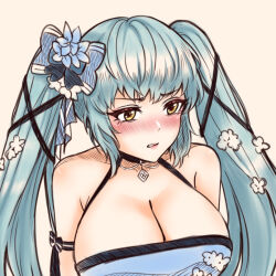 Rule 34 | 1girl, bare shoulders, blue dress, blue hair, blush, breasts, cleavage, clenched teeth, dress, flower, goddess of victory: nikke, hair flower, hair ornament, hair ribbon, hoshiberuu, jewelry, large breasts, light blue hair, long hair, necklace, parted lips, privaty (banquet princess) (nikke), privaty (nikke), ribbon, simple background, solo, teeth, twintails, upper body, yellow eyes