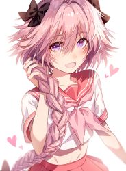 Rule 34 | 1boy, absurdres, astolfo (fate), astolfo (sailor paladin) (fate), black bow, bow, braid, braided ponytail, crop top, crossdressing, deep (deep4946), double horizontal stripe, eyelashes, fang, fate/apocrypha, fate (series), flat chest, groin, hair bow, hair intakes, hair over shoulder, hand in own hair, hand up, heart, highres, leaning back, long braid, long hair, looking at viewer, male focus, midriff peek, miniskirt, multicolored hair, navel, neckerchief, official alternate costume, open mouth, pink hair, pink sailor collar, pink skirt, pleated skirt, purple eyes, sailor collar, school uniform, serafuku, shirt, short sleeves, single braid, skin fang, skirt, smile, solo, stomach, streaked hair, thighhighs, trap, two-tone hair, upper body, very long hair, white hair, white shirt