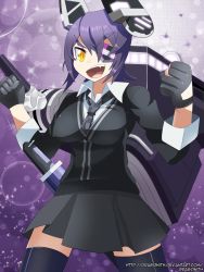 Rule 34 | 10s, 1girl, breasts, dragonith, eyepatch, fang, fingerless gloves, gloves, gradient background, headgear, highres, kantai collection, large breasts, necktie, purple hair, sheath, sheathed, solo, sword, tenryuu (kancolle), thighhighs, turret, weapon, zettai ryouiki