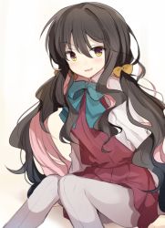 Rule 34 | 10s, 1girl, alternate hairstyle, black hair, hiiragi souren, kantai collection, long hair, multicolored hair, naganami (kancolle), open mouth, pantyhose, pink hair, smile, solo, twintails, uniform, yellow eyes