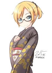 Rule 34 | 10s, 1girl, bespectacled, black-framed eyewear, blonde hair, blue eyes, floral print, glasses, hair ornament, hair scrunchie, hand on own chest, japanese clothes, kantai collection, kimono, long hair, looking at viewer, maikaze (kancolle), md5 mismatch, nekobaka, obi, ponytail, resized, sash, scrunchie, smile, solo, upper body