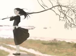 Rule 34 | 1girl, absurdres, black eyes, black footwear, black hair, black skirt, blurry, blurry background, branch, day, full body, highres, holding, holding branch, junito715, long hair, long sleeves, looking at viewer, original, outdoors, pantyhose, skirt, solo, standing, white pantyhose, wind