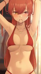 Rule 34 | 1girl, absurdres, armpits, arms up, bikini, blush, breasts, earrings, gold earrings, gold necklace, gold trim, hair between eyes, hair tie in mouth, heart, heart earrings, heart necklace, heterochromia, highres, hololive, houshou marine, houshou marine (summer), jewelry, long hair, looking at viewer, medium breasts, mouth hold, mugino0515, navel, necklace, red bikini, red eyes, red hair, solo, stomach, swimsuit, tying hair, upper body, very long hair, virtual youtuber, yellow eyes