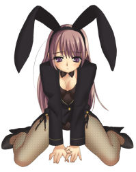 Rule 34 | 1girl, animal ears, breasts, cleavage, fake animal ears, fishnet pantyhose, fishnets, full body, high heels, leotard, original, own hands together, pantyhose, piyodera mucha, playboy bunny, rabbit ears, shoes, simple background, sitting, solo, white background