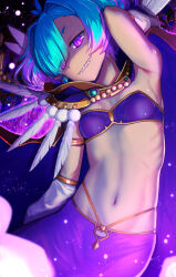 Rule 34 | 1girl, bead necklace, beads, blue hair, breasts, cape, eidenjyou1997, fate/grand order, fate (series), feathers, highres, jewelry, locusta (fate), navel, necklace, purple cape, purple eyes, sharp teeth, small breasts, smile, teeth