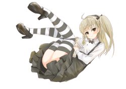 Rule 34 | 1girl, bandages, black bow, black bowtie, black footwear, black ribbon, black skirt, black thighhighs, boko (girls und panzer), bow, bowtie, brown eyes, casual, closed mouth, collared shirt, commentary, floating, full body, girls und panzer, hair ribbon, high-waist skirt, holding, holding stuffed toy, layered skirt, legs, legs up, light brown hair, long hair, long sleeves, looking at viewer, mary janes, medium skirt, one side up, ribbon, shimada arisu, shirt, shoes, simple background, skirt, smile, solo, striped clothes, striped thighhighs, stuffed animal, stuffed toy, suspender skirt, suspenders, teddy bear, thighhighs, white background, white shirt, yamabukiiro (browncat)