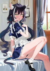 Rule 34 | 1girl, absurdres, alternate costume, animal ear fluff, animal ears, apron, bed, black choker, black footwear, black hair, black panties, blue dress, blush, cat ears, cat girl, cat tail, choker, commentary request, curtains, dress, enmaided, foot out of frame, frilled dress, frills, green eyes, highres, indoors, karyl (princess connect!), knee up, long hair, looking at viewer, low twintails, maid, maid apron, mary janes, multicolored hair, on bed, open mouth, panties, pantyshot, princess connect!, shoes, sitting, socks, solo, streaked hair, subachi, sweatdrop, tail, twintails, underwear, wavy mouth, white apron, white hair, white socks, window